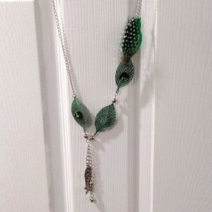 Women's Silver Tone Feather Green Leaf Flower Design Necklace, Matching Earrings